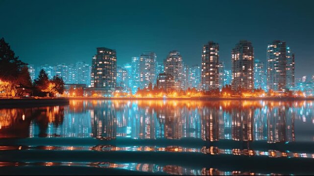 City skyline night with illuminated highrise apartment building reflection calm water and warm promenade lights creating moody urban atmosphere neon city skyline night reflected calm waterfront with