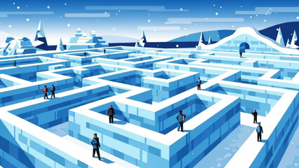 Group of business people navigating through complex icy maze in winter landscape with snow covered mountains