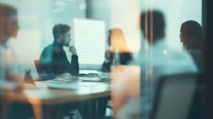 blurred vision of a team meeting in a modern office showcases collaboration and strategic thinking through an abstracted, dreamlike perspective
