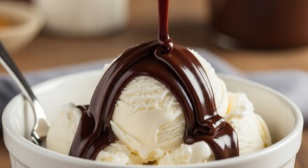 Delicious vanilla ice cream topped with rich, glossy chocolate syrup in a white bowl.