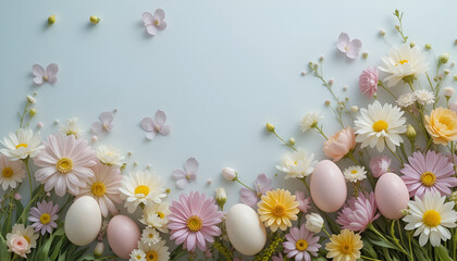 Easter Eggs With Spring Flowers on Soft Background