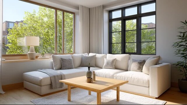 Sunny cozy sunlit modern living room with white sectional sofa, wooden coffee table, large window showing green trees, patterned throw pillows and neutral cushions, indoor plant creating warm natural