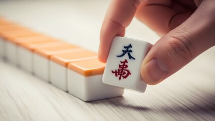 Hologram stock background of mahjong tiles with hand holding a single tile