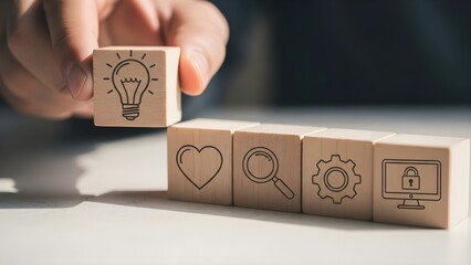 Hologram technology concept with wooden blocks on stock background