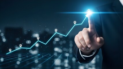 Hologram stock market graph background with hand pointing to glowing blue light