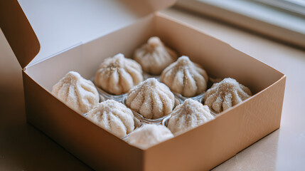 Box with nine dumplings ready for serving at a meal in a bright kitchen in the afternoon