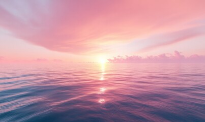 Tranquil sunset over calm ocean waves, with soft pink and orange hues blending into a pastel sky