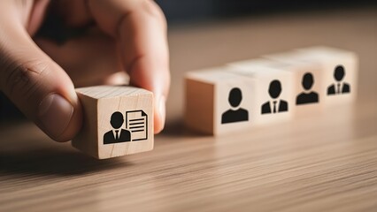Hologram technology stock background with human silhouettes on wooden blocks