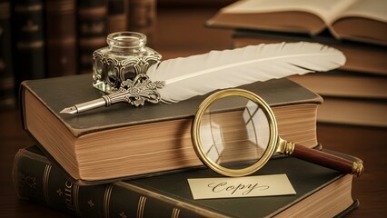 Hologram stock background with vintage books magnifying glass and quill pen