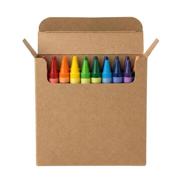 Open cardboard box of colorful wax crayons for kids