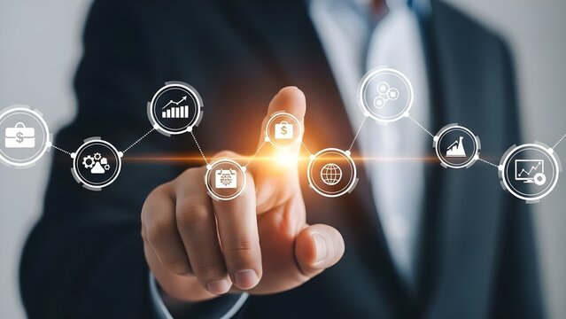 Hologram technology concept with businessman interacting with virtual stock market background - Powered by Adobe