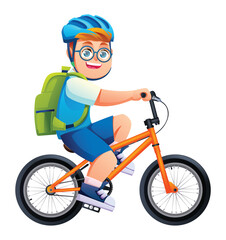 Cheerful student boy with backpack and safety helmet riding bike to school. Vector cartoon character illustration