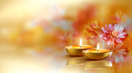 Warm light from two oil lamps beside flowers in a soft background during a festival celebration