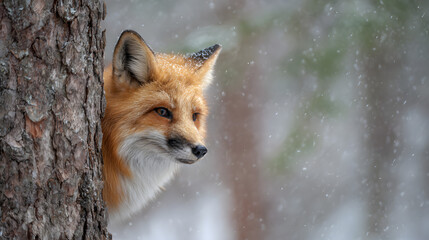 Fox peeking from behind a tree in snowy forest during winter afternoon