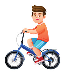 Young boy smiling while riding bicycle with rear rack for school or outdoor play. Vector cartoon character illustration