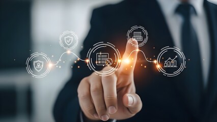 Hologram technology concept with businessman interacting in modern stock background