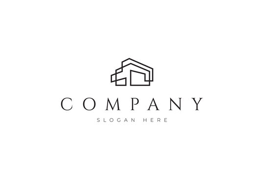 House building logo with linear minimalist abstract architectural design style - Powered by Adobe