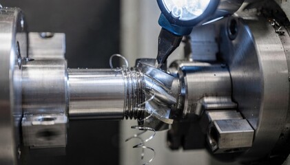 Medium shot of precision external thread milling on a small metal shaft held securely in a chuck highlighting detailed machining and tool engagement.