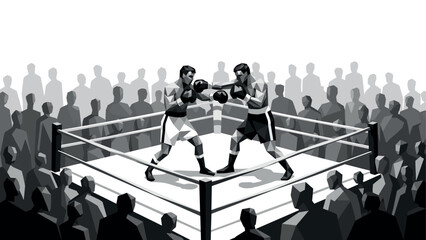 Monochrome boxing match scene with engaged audience in geometric silhouette style