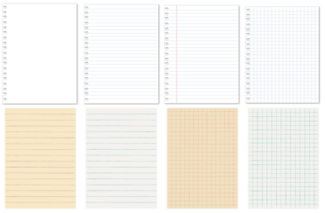 a studio photograph displaying a collection of various blank notebook papers with lines, grids, and plain layouts.