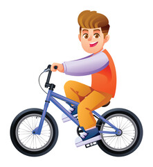 Cheerful boy riding bicycle for school or afternoon play on white background. Vector cartoon character illustration