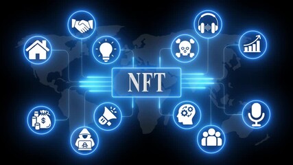 Digital N F T Concept with Glowing and Map Background digital blockchain technology glowing map - Powered by Adobe