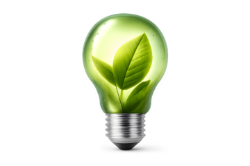 Eco-friendly light bulb with green leaves inside glowing bright