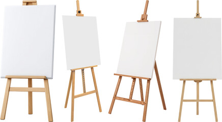 a studio photograph showcasing a collection of blank wooden art easels with white canvases, ready for artistic expression.