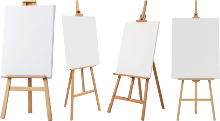 a studio photograph showcasing a collection of blank wooden art easels with white canvases, ready for artistic expression.