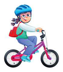 Happy girl with helmet and backpack riding bicycle to school on white background. Vector cartoon illustration