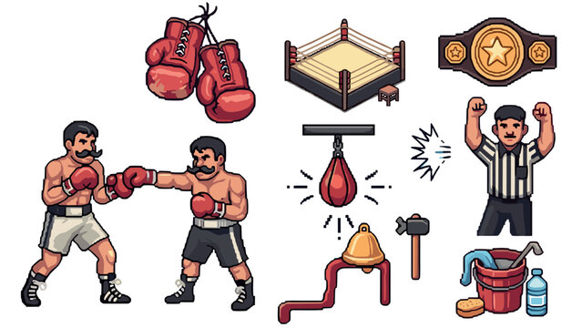 Retro cartoon boxing elements: gloves, ring, belt, training gear, and referee
