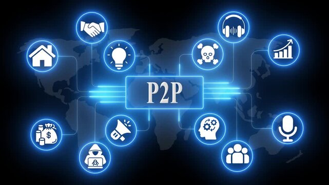 P2 P Network Concept with Glowing and Map Background Digital P2P network peer-to-peer
