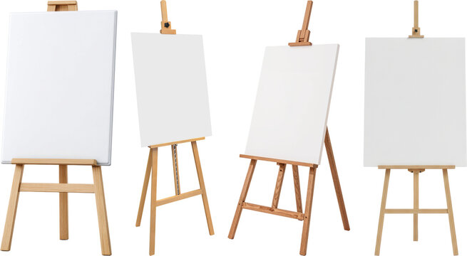a studio photograph showcasing a collection of blank wooden art easels with white canvases, ready for artistic expression.