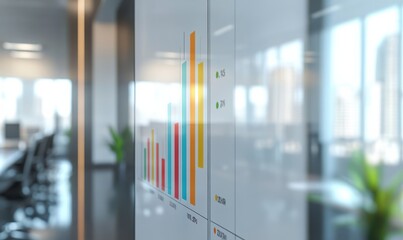 Vibrant bar chart drawn on a whiteboard in a brightly lit office, clean modern environment, sharp detail on lines and colors, business and analytics theme, clean style,
