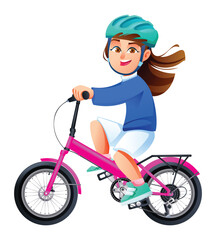 Smiling girl wearing safety helmet while riding bicycle with rear rack. Vector cartoon character illustration