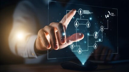 Hologram technology concept with hand interacting on stock background