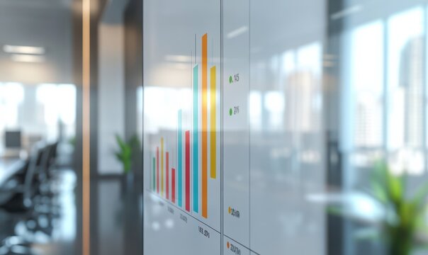 Vibrant bar chart drawn on a whiteboard in a brightly lit office, clean modern environment, sharp detail on lines and colors, business and analytics theme, clean style, - Powered by Adobe