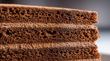 Chocolate layer cake with distinct layers of chocolate and cream, a close view highlighting texture and color