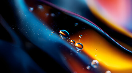 Close-up view of colorful water droplets on a smooth surface with vibrant shades during a bright light setting