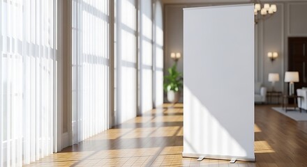 Blank pullup banner mockup in a bright, elegant room with large windows and wooden floor, perfect for advertising and presentation display