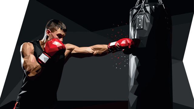 Dynamic low poly boxer training with red gloves in dark gym setting - Powered by Adobe
