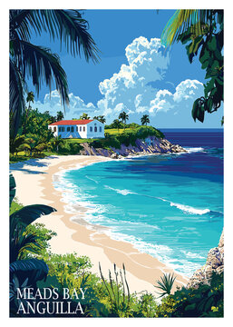 Elegant villa overlooking Meads Bay, Anguilla, with pristine beach and vibrant turquoise ocean, retro travel poster vector illustration.