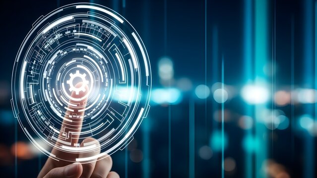 Hologram technology concept with futuristic stock background and glowing circular interface - Powered by Adobe