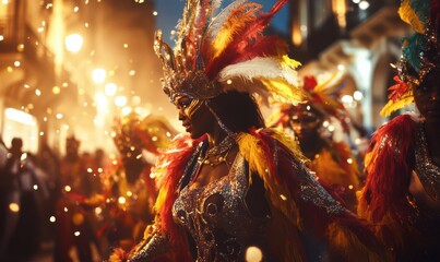 Vibrant carnival parade with performers in colorful costumes, dynamic movement, warm evening light, lively festival atmosphere, rich vibrant tones, energetic vibe,