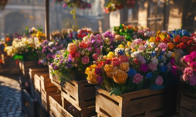 Vibrant city flower market with colorful bouquets displayed in wooden crates, bustling with activity under soft daylight, creating an energetic urban vibe, perfect for lifestyle photography,