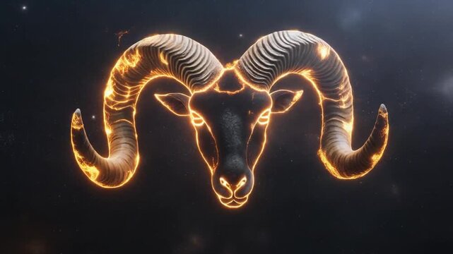 Glowing neon ram head illustration on dark background.