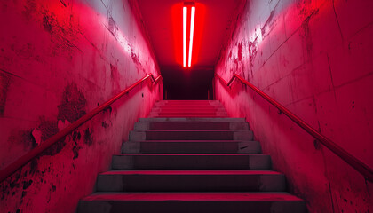Red lit staircase descends into darkness. Ominous atmosphere created by lighting in vintage building. Architectural detail offers sense of intrigue, mystery