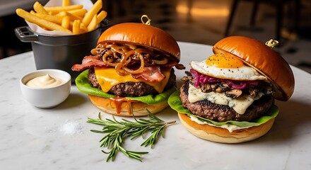 Delicious gourmet burgers with crispy fries and dipping sauce, a perfect meal for sharing.
