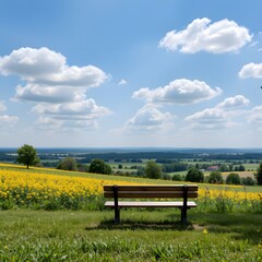 Obraz premium Scenic View of a Meadow with a Bench Overlooking Fields and Clouds Under a Clear Sky
