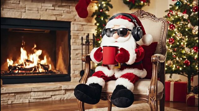 Adorable plush toy santa claus drinking a warm mug of cocoa, steam rising gently, nearest with fireplace and presents, festive holiday charm, cheerful Christmas animation style in crisp